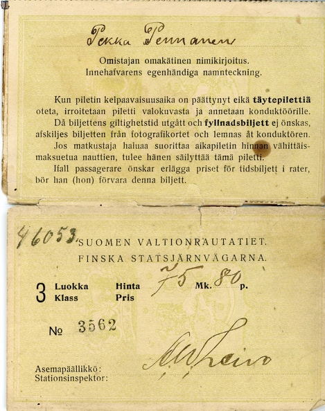 проездной билет в III кл. Пекка Пеннанен 1917-2.jpg